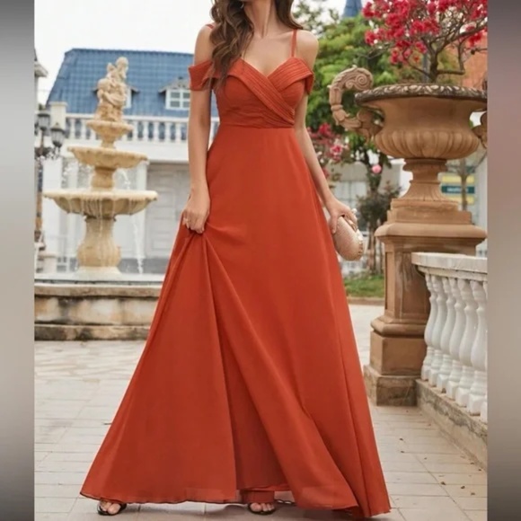 Orange Cold Shoulder A-Line Flowy Evening Prom Formal Dress - Picture 6 of 7